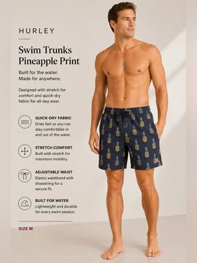 Hurley Swim Trunks Pineapple Print Stretch Size M